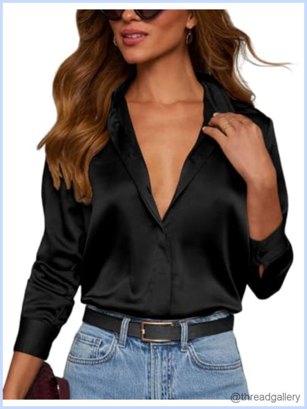 Satin Button Down Shirt V Neck Long Sleeve Business Casual Top